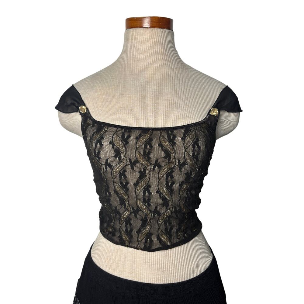 Mesh off the shoulder whimsygoth gold flower top